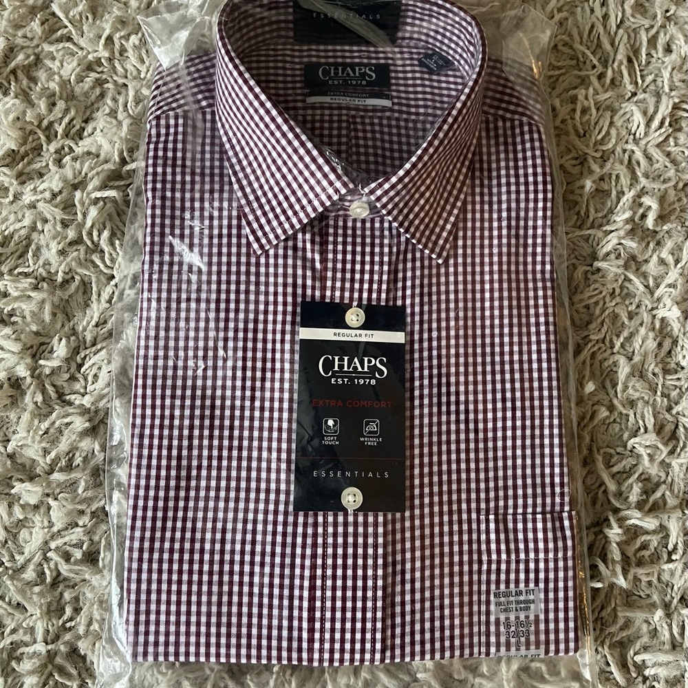Chaps Bordeaux Dress Shirt Extra Comfort Regular Fit Classic Checkered Design